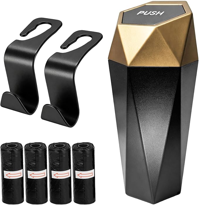 Car Trash Can with Lid, Waterproof Diamond Design Auto Cup Holder Trash Bin, Leakproof Mini Garbage Organizer for Vehicle Home Office Kitchen Bedroom, Car Accessories (Golden)