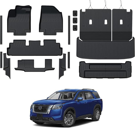Floor Mats for Nissan Pathfinder 2022-2025 2026, All Weather Floor Mats Trunk Cargo Liner with Backrest Protectors and Door Sill Guards Accessories, Full Coverage Set (Fit 7/8 Seats)