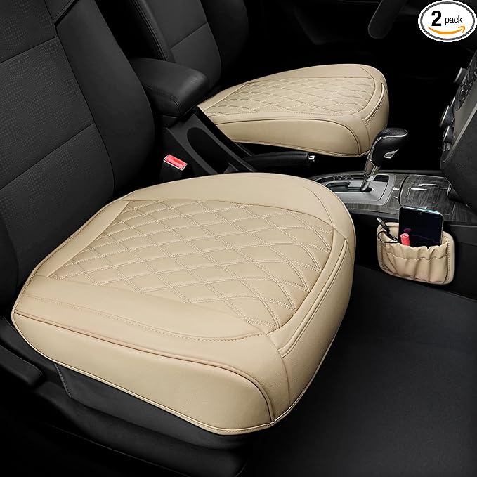 2 Pack Leather Front Car Seat Cover Bottom Car Seat, Anti-Slip and Full Wrap Driver Car Seat Protectors with Storage Pocket, Luxury Waterproof Bottom Auto Seat Cushion Pad Mat for Most Vehicles(Beige)