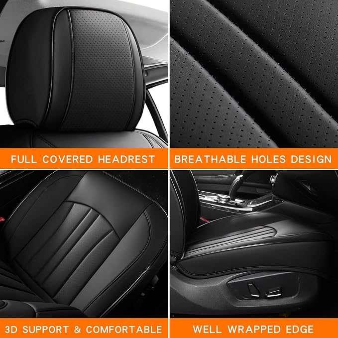 MINGBRON Car Seat Cover Full Set, Leather Car Seat Cover, Waterproof Seat Covers, Car Seat Cushion, Nappa Leather Seat Covers Car Seat Protector Universal Fit Most Cars Black