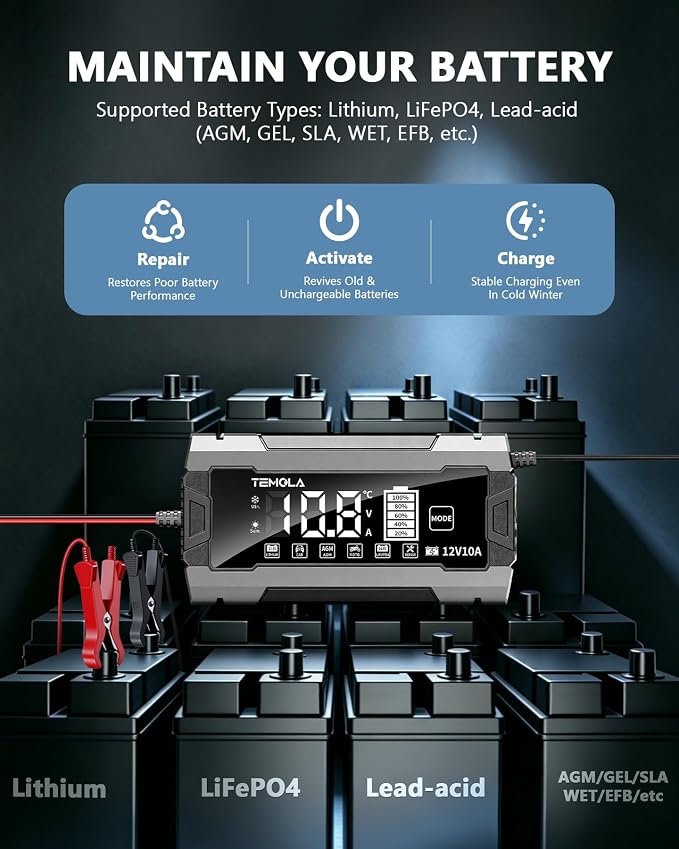 12V 10A Smart Battery Charger Fully Automatic Battery Maintainer Trickle Charger with Pulse Repair LCD Display Temp Compensation for AGM Gel SLA LiFePO4 Flooded Deep Cycle Motorcycle Boat Batteries