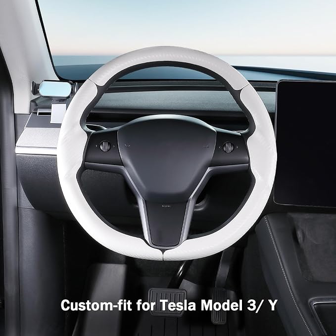 Steering Wheel Cover for 2017-2023 Tesla Model 3 2020-2024 Tesla Model Y, Carbon Fiber Steering Wheel Cover for Tesla Model 3/Y Accessories, Matte White