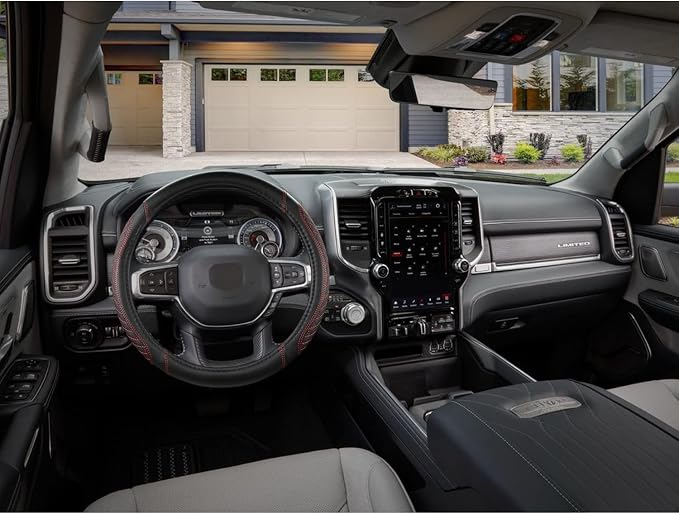 West Llama Customized Auto Car Steering Wheel Cover for Dodge RAM 1500 2500 3500, 15.5-16 inch (Diamond Quilted-Black+Red-Large Size)