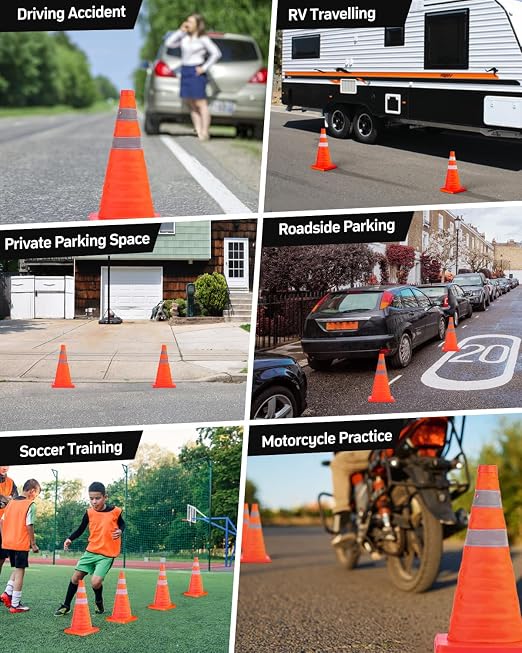 BATTIFE [2 Pack] 18 Inch Collapsible Traffic Safety Cones, Orange Cones, Multi Purpose Pop-up Cones with Reflective Collar, for Driving Practice,Road Parking