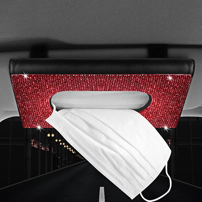 【2026 Upgraded】 Bling Car Sun Visor Tissue Box with Refills Paper Towels, PU Leather Backseat Mask Case,Crystal Sparkling Napkin Holder, Handmade Decoration Accessories for Women,Girls,Ladies as Gift