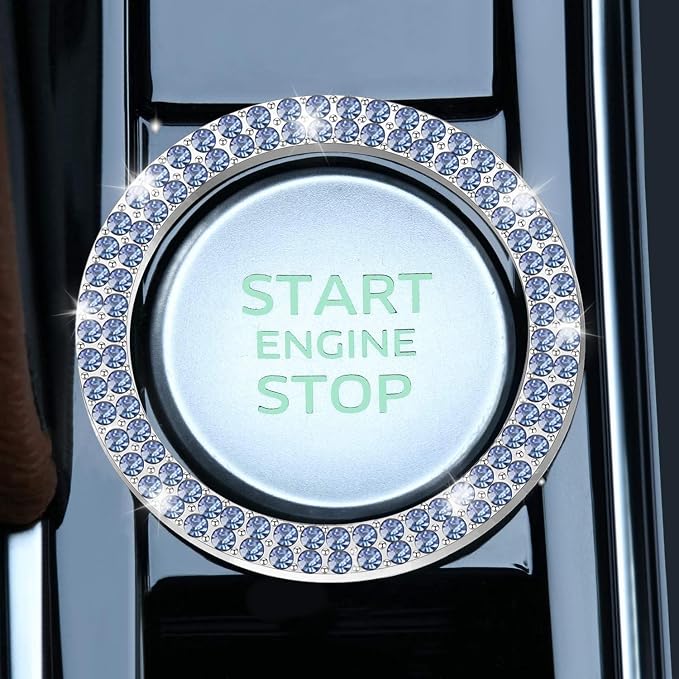 LivTee 2 PCS Crystal Double Rhinestone Car Engine Start Stop Decoration Ring, Bling Car Interior Accessories for Women, Push to Start Button Cover Sticker, Automotive Decals, Light Blue