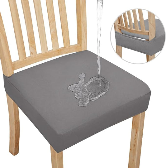 Easy-Going 100% Waterproof Seat Covers for Dining Room Chairs Set of 2, Stretch Chair Seat Slipcovers Protector Removable and Washable Kitchen Dining Chair Covers, Light Gray