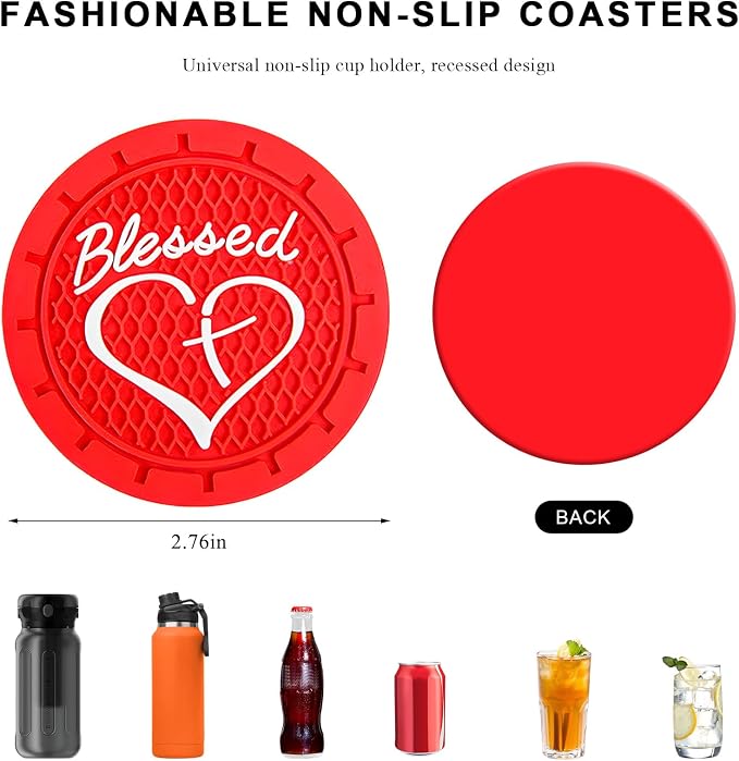 2 PCS Car Cup Holder Coaster, 2.76 Inch Soft PVC Non-Slip Blessed Cross and Heart Christian Car Cup Coasters, Auto Interior Shockproof Insert Drink Mat for Most Vehicles (Red)