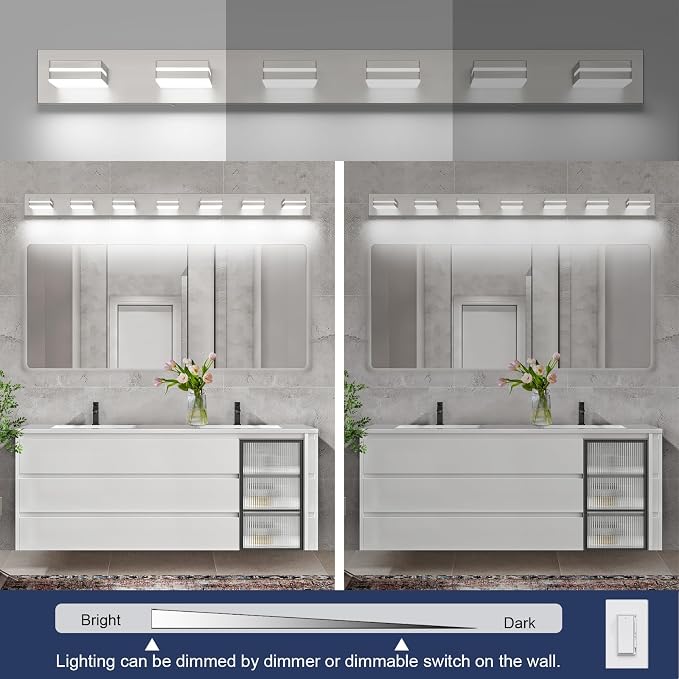 SineRise LED Modern Bathroom Vanity Light Fixtures (7-Light, 55-Inch, Dimmable), Brushed Nickel Modern Acrylic Bathroom Wall Lighting Fixtures Over Mirror (Cool White 6000K)