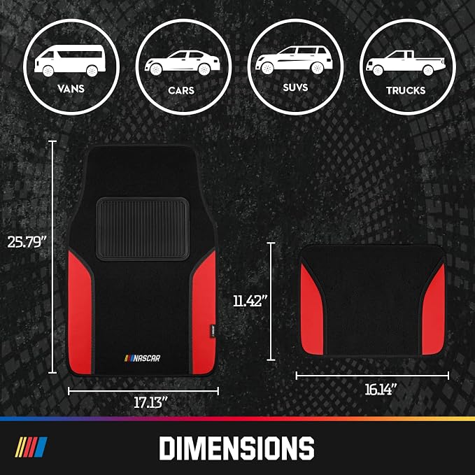 NASCAR Car Floor Mats, Carpet & Red Leather Design Car Mats, Universal-Fit All-Weather Car Floor Mats with Built-in Heel Pad & Anti-Slip Backing, Durable Odorless Automotive Interior Accessories