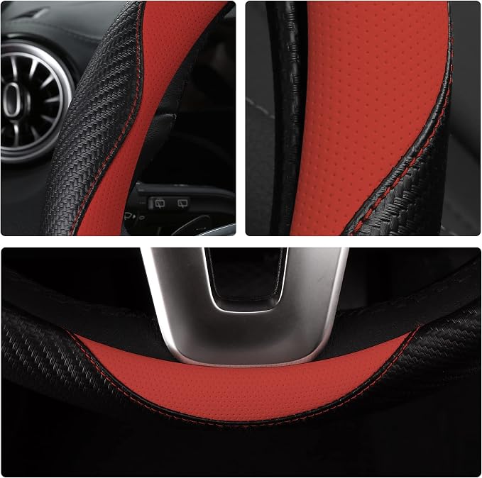 HighnessHwoo Car Steering Wheel Covers for Women Padded Carbon Fiber PU Leather Cute Auto Interior Accessories for Vehicle, Sedan, Universal, Anti Slip, Red, Standard Size, 14.75-15.15in