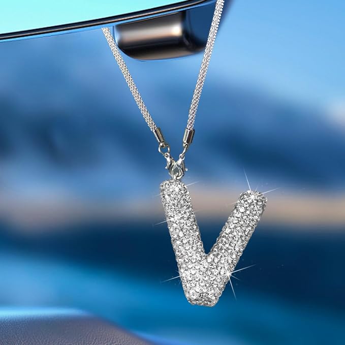 Bling Car Accessories for Women Letter Charm, Rear View Mirror Ornament Cute Hanging Crystal Pendant Girl Car Decorations, Lucky Diamond Rhinestone Girly Charm Interior (White V)