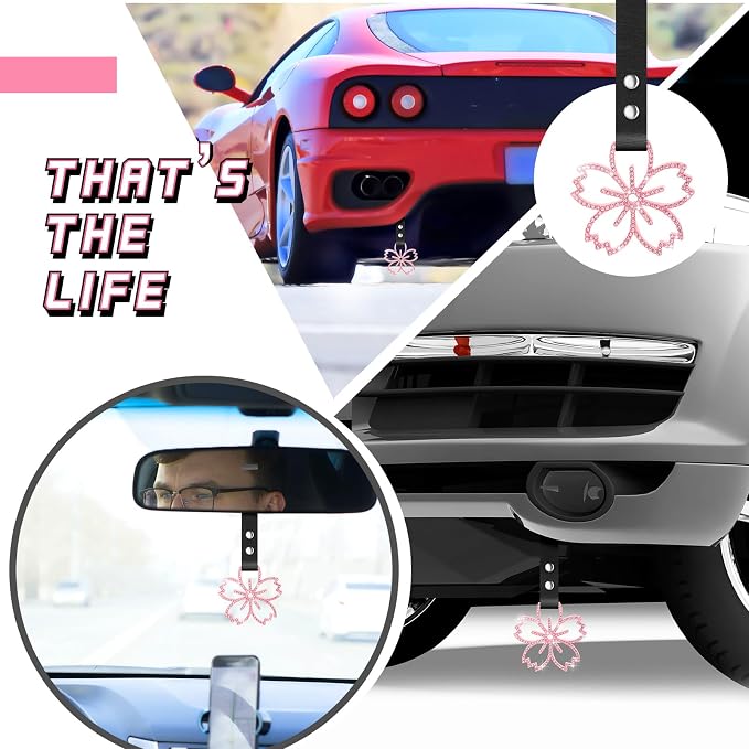 Fabbay Cherry Blossoms Car Handle Strap Drift Charm Car Accessories Bling Handle Ring for Women Rear Bumper Warning Ring Decor for Auto Bus Interior Exterior Decoration (Pink, Sakura Style)