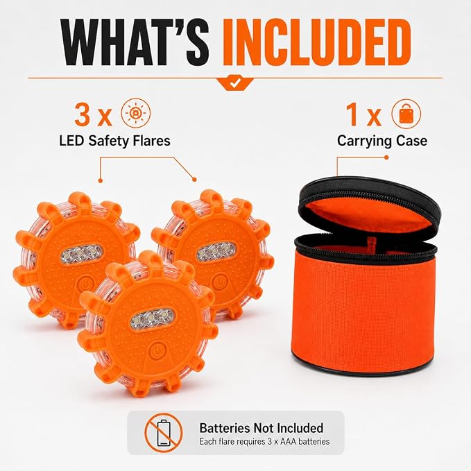 3 Pack LED Road Flares Emergency Lights, Magnetic Roadside Warning Lights with 9 Flash Modes, Hook, Carrying Case, Water Resistant Safety Beacon for Cars, Trucks, RVs, Boats