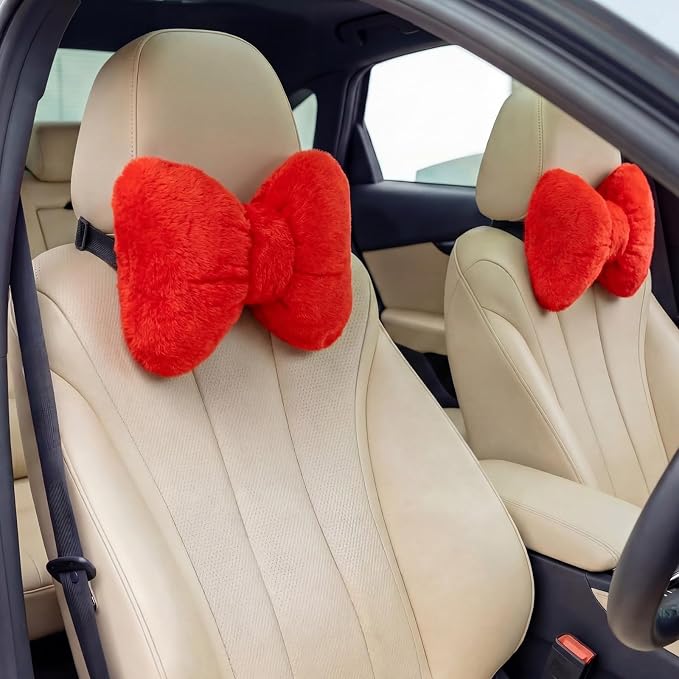 Macarrie 2 Pcs Red Car Neck Pillow Imitation Rabbit Fur Bow Pillow | Soft Comfortable Seat Headrest Support, Cute Bow Car Accessories, Driving Travel Driver Chair Girl Interior Decor, Solid