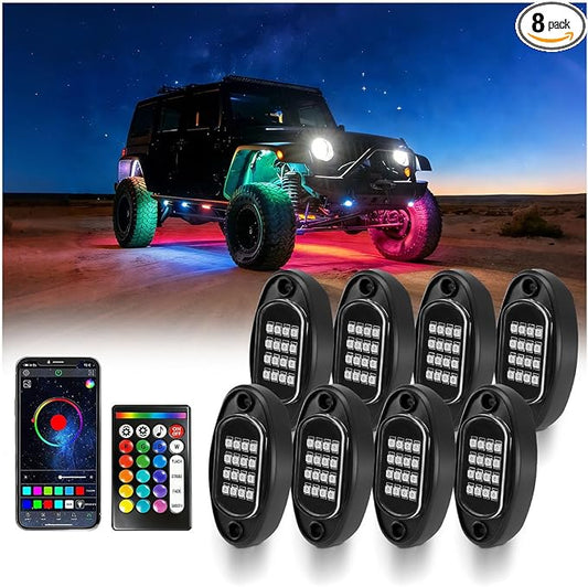 MONDEVIEW 8 Pods RGB LED Rock Lights for Jeeps Trucks Golf Carts & UTVs, Waterproof Underglow Kit with APP Control, Music Mode, 12V Underbody Neon Lights for Cars, ATV, RZR, SUV, Offroad Vehicles