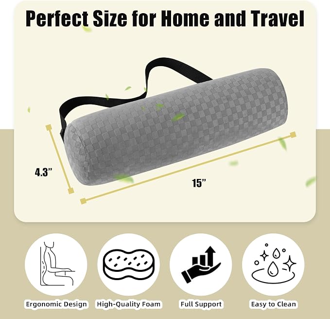 Coeyese Lumbar Roll Pillow for Lower Back Support, Light Grey, 15*4.3'' | Removable Pillowcase, Upgraded Adjustable Strap, Suitable for Office, Chair, Car, Seat Pain Relief & Improving Posture