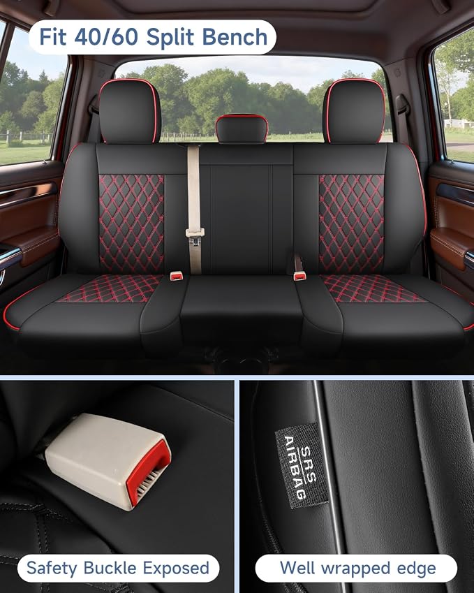Custom Seat Covers fit for Dodge Ram 1500 2500 3500, Full Coverage Luxury Leather Ram Truck Seat Cover 2009-2025 Compatible with Crew Cab Double Quad Regular (Red, Full Set (Flat Front/Curved Rear))