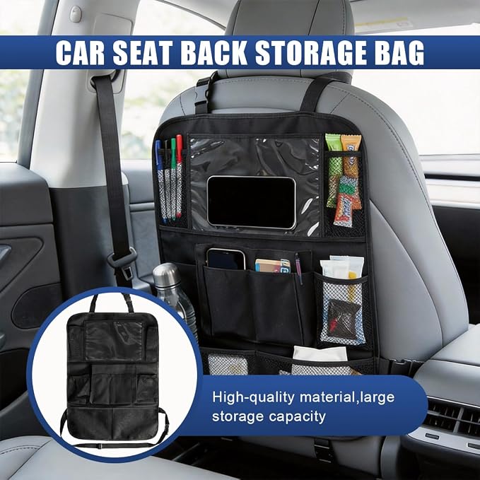 Craedli Car Backseat Organizer, Oxford Cloth Auto Seat Kick Mats with Clear Tablet Holder & 9 Pockets, Waterproof Back Seat Protector, Universal Car Road Trip Storage Essential (2PCS)