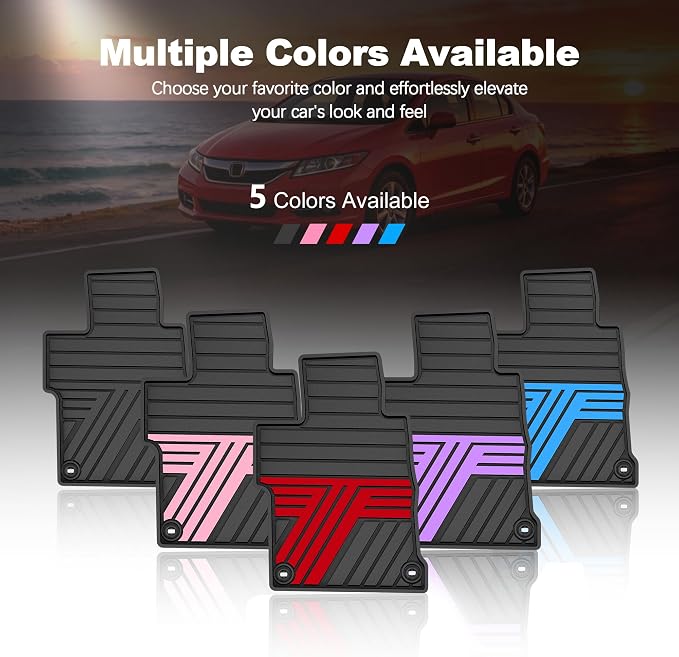 Rubber Floor Mats for Honda Civic Sedan 2012-2015 (Not for Coupe) | All Weather Heavy Duty Car Mats Fit for Civic, 1st & 2nd Row, Black & Red
