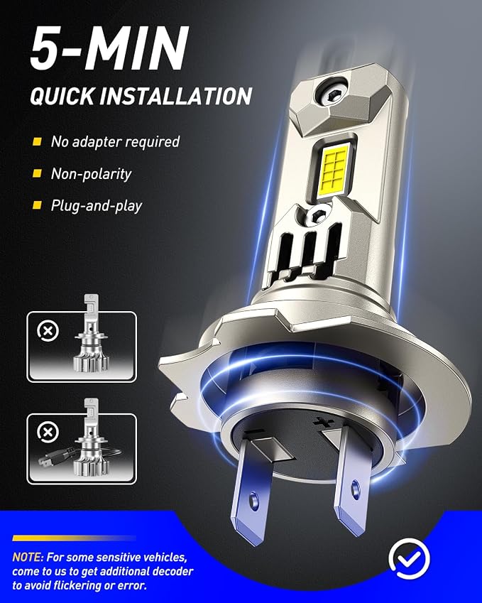 AUTOONE H7 LED Bulb, 50000LM 1200% Brighter, 6500K Cool White, Anti Flash 1:1 Mini Halogen Size H7 H7LL Lamps, No Extra Adapter Needed, Non-polarity Plug and Play, Pack of 2