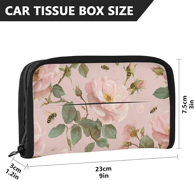 Cute Pink Rose and Bees Car Tissue Holder Durable Napkin Holder Hanging Tissue Holders Case Car Tissues Bag for Sun Visor Seat Back Universal Auto