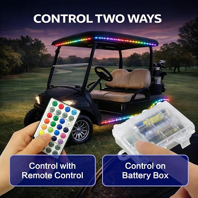 Battery Powered RGB+IC Dream Color Chasing Golf Cart Canopy Roof Lights with Remote, 2 Pack 6.56FT IP68 Waterproof Addressable Golf Cart Underglow Light Strip for EZGO Yamaha Club, Boat, Easy Install