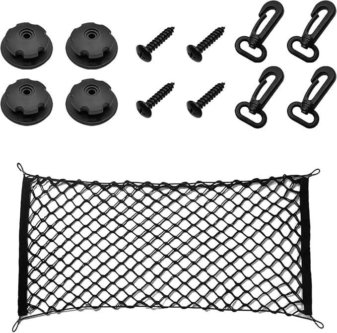 Car Rear Cargo Net Exterior Accessories, Adjustable Elastic Trunk Cargo Storage Organizer Net, Nylon Mesh Double-Layer with Hooks Compatible with Car, Trucks, SUV (35.4"x 15.7")