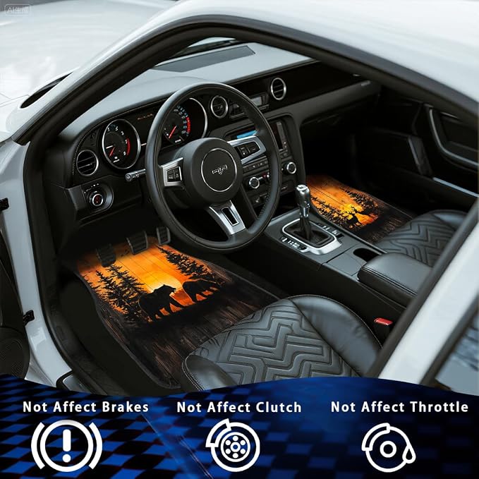 Bear Car Floor Mats Set of 4 Sunset Forest Pine Tree Wildlife Rustic Deer Automotive Foot Mats Rugs Carpet for Car Non-Slip Auto Car Accessories Universal Fit for Car SUV Truck Van
