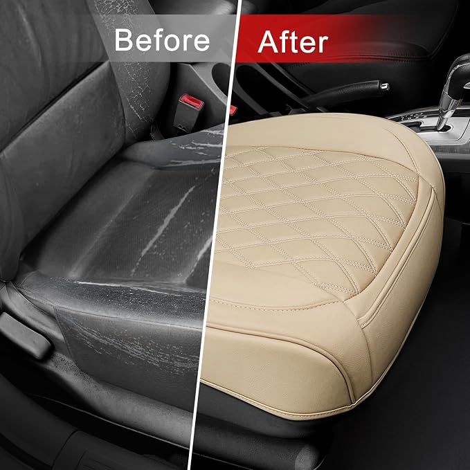 BEITK 1 Pack Leather Front Car Seat Cover Bottom Car Seat, Anti-Slip and Full Wrap Driver Car Seat Protectors, Luxury Waterproof Bottom Auto Seat Cushion Pad Mat for Most Vehicles(Red)