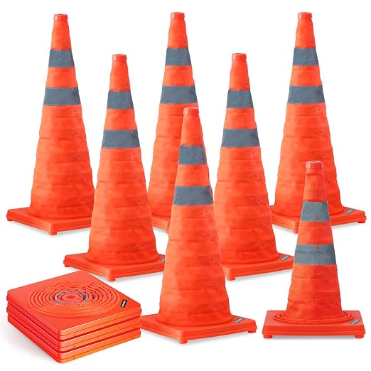 BATTIFE [10 Pack] 28 Inch Collapsible Traffic Safety Orange Cones, Multi Purpose Pop-up Cones and Reflective Collar, for Road Parking, Driving Practice