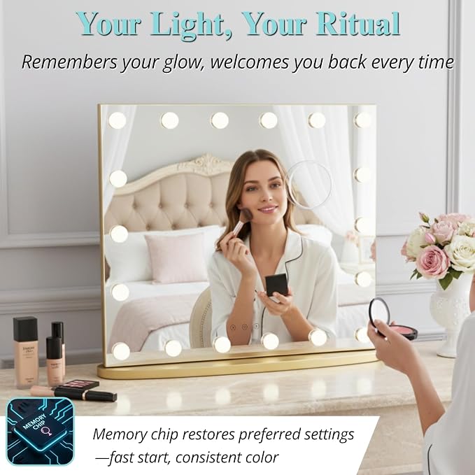 LUXFURNI Vanity Mirror with Lights, 23.6" Hollywood Makeup Mirror Gold | 18 Surround LED Bulbs, 360° Shadow-Free Lighting, 3 Color Modes, USB Charging, Tabletop & Wall Mount for Bedroom Dorm Desk