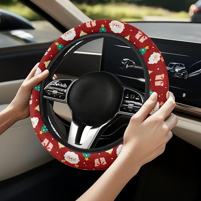 AFPANQZ Auto Steering Wheel Covers Anti-Slip Safety Stretch-on 14-15 inch | Santa Claus Red Print, Sweat Absorbing Non-slip, Steering Wheel Protection Case, Machine Washable Elastic Flexible