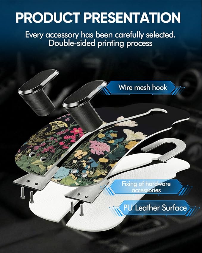 WOCOCN Purse Holder for Car, 2 Pack Heavy Duty Purse Hanger for Car, PU Leather Car Seat Hooks for Purses and Bags, Cute Floral Headrest Organizer for Handbags & Backpacks