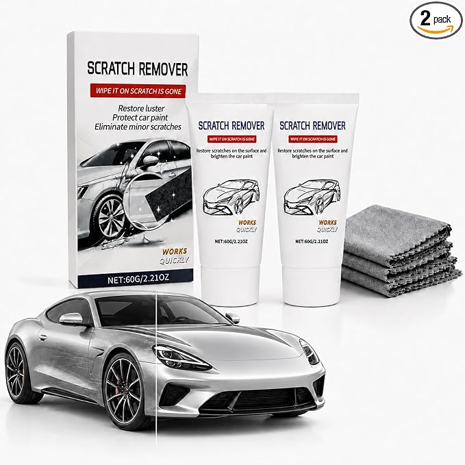 Car Cloth Scratch Remover Paste Kit for Vehicles, 2 Pack | Car Scratch Remover, 60g/2.21oz Each with Nano Cloths for Light Scratches, Scuffs, Swirl Marks, Water Spots & Paint Gloss