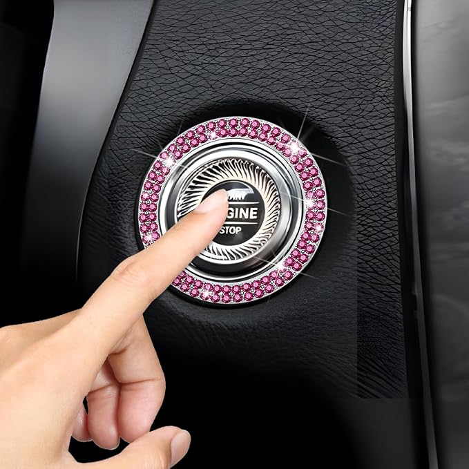 Bling Car Engine Start Ring Decals, 2PCS Sparkling Crystal Rhinestone Vehicle Push to Start Button Sticker, Diamond Auto Key Ignition Knob Decorative Ring, Universal for Vehicles (Purple Red)