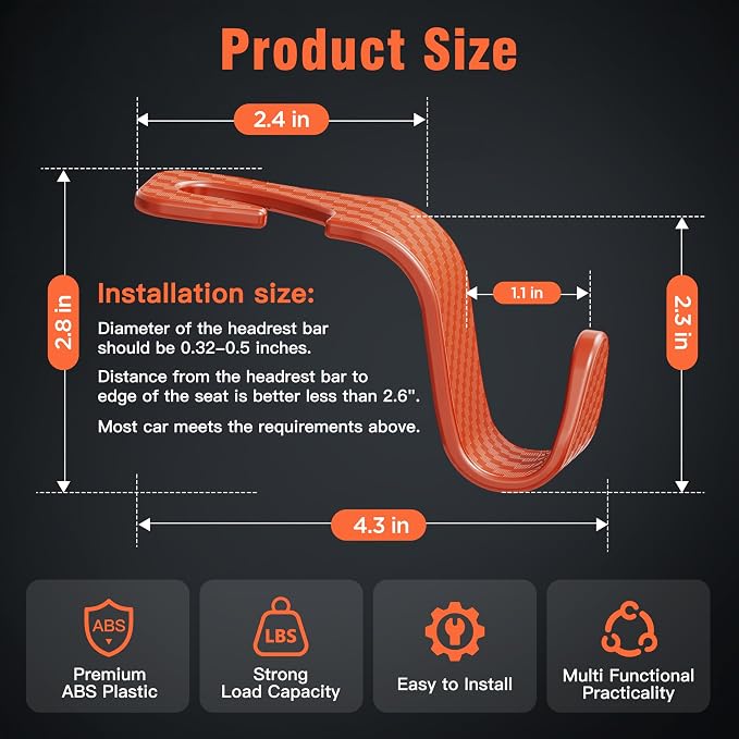 Amooca Car Seat Headrest Hook 4 Pack Hanger Universal Vehicle Car Storage Organizer for Handbag Purse Coat S Type Checkered Orange