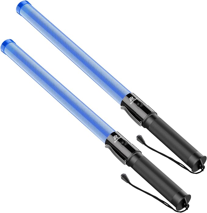 RoadHero 2 Pack 21 Inch Traffic Wands, Blue Led Traffic Control Baton, Night Safety Light Wand with 2 Flashing Modes, Air Marshaling Signal Wand with Side Clip for Parking Lot