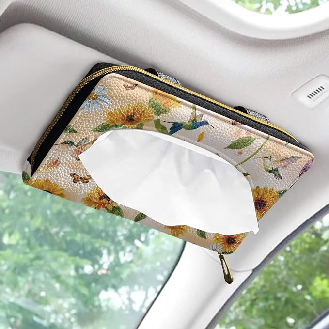 Sunflower PU Leather Backseat Tissue Holder Automotive Sun Visor Napkin Holder Humming Bird Vehicle Car Visor Tissue Holder for Car Sun Visor Napkin Holder
