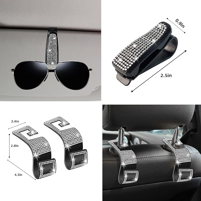 NBTEPEM 30 Pcs Bling Car Accessories Set for Women, Silver Steering Wheel Cover Set, Bling Console Cover, Seat Belt Cushion, Shift Knob Cushion, Cup Holder Coaster, Rhinestone Car Hanging Accessories