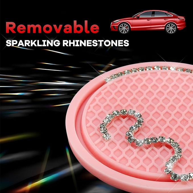 4PCS Bling Car Cup Coaster, 2.69 Inch Anti-Slip Auto Cup Holder Drink Mat w/Crystal Rhinestones, Universal Shiny Diamond Vehicle Insert Coasters Cups Mats for Women (Pink & White)