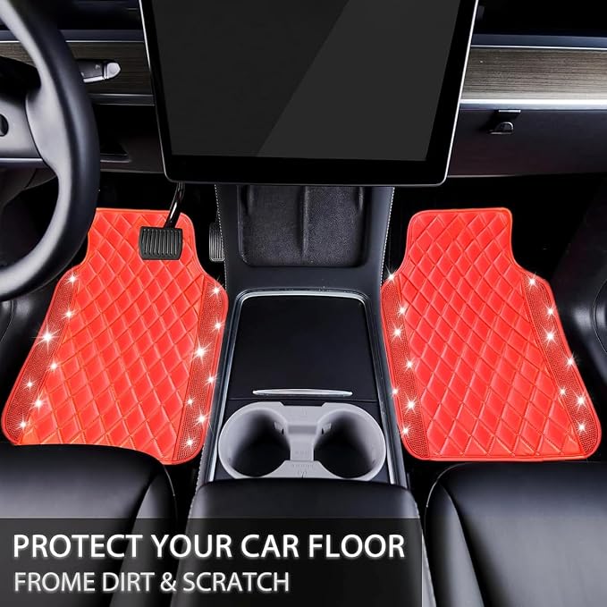 NBTEPEM Bling Leather Car Floor Mats Full Set, Sparkly Diamond Car Mats Universal Fit Most Automotive, Glitter Rhinestone Carpet Waterproof Anti-Slip (Red Leather Diamond)