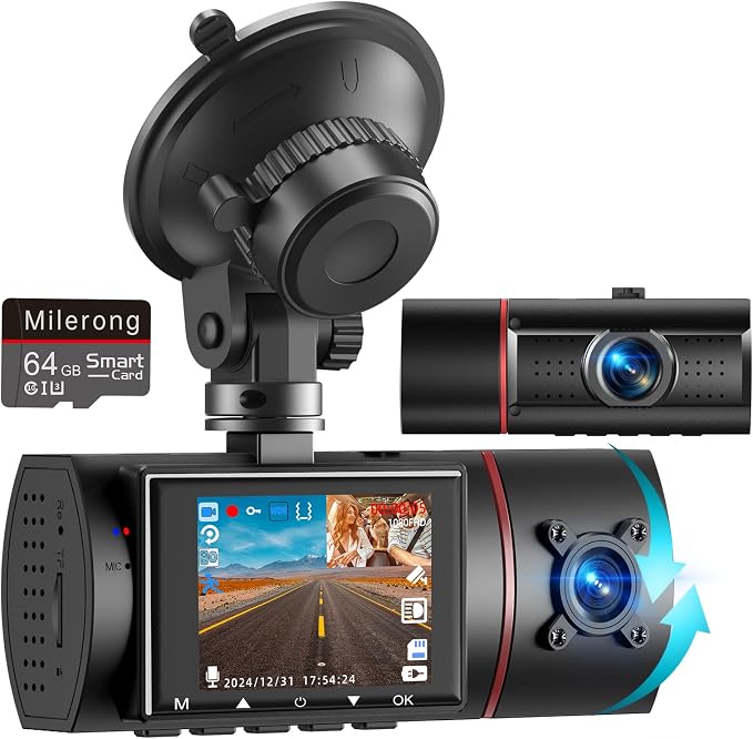 Dual Dash Cam Front and Inside with 64GB Card,1080P Dash Camera for Cars | Milerong X25 Dashcam with Night Vision,Loop Recording,G-Sensor,24H Park Monitor,Inside Car Camera for Uber/Lyft/Taxi Driver