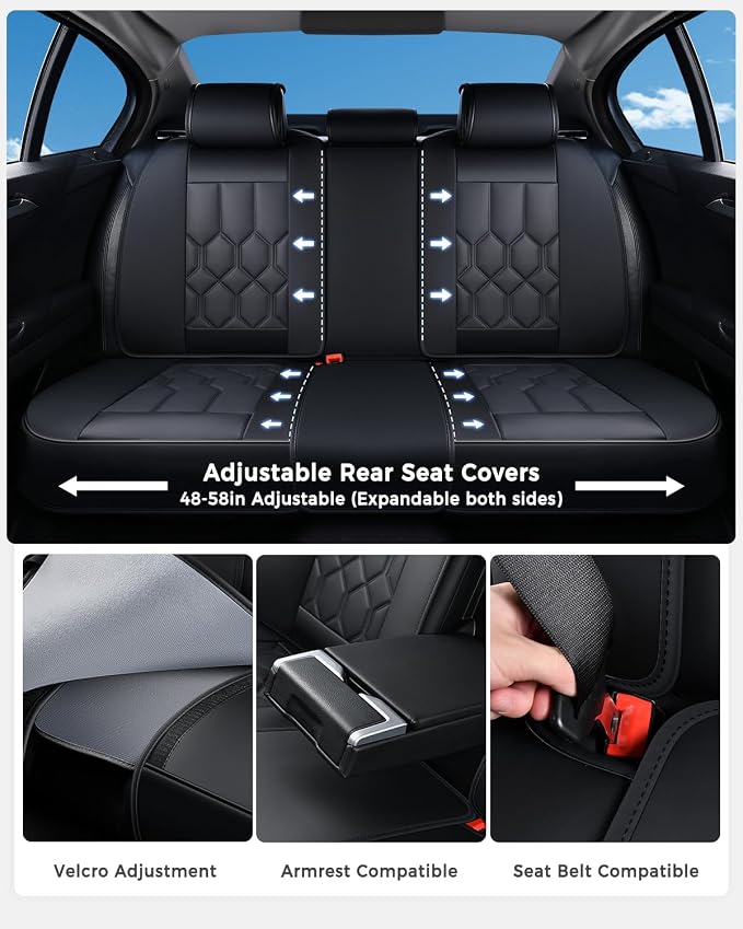 Huidasource Seat Covers Full Set, Universal Fit for Cars SUVs Trucks, Black | Full Coverage Leather Car Seat Cover, Airbag, Cupholder Compatible, Seat Function Retain, Velcro Adjustable