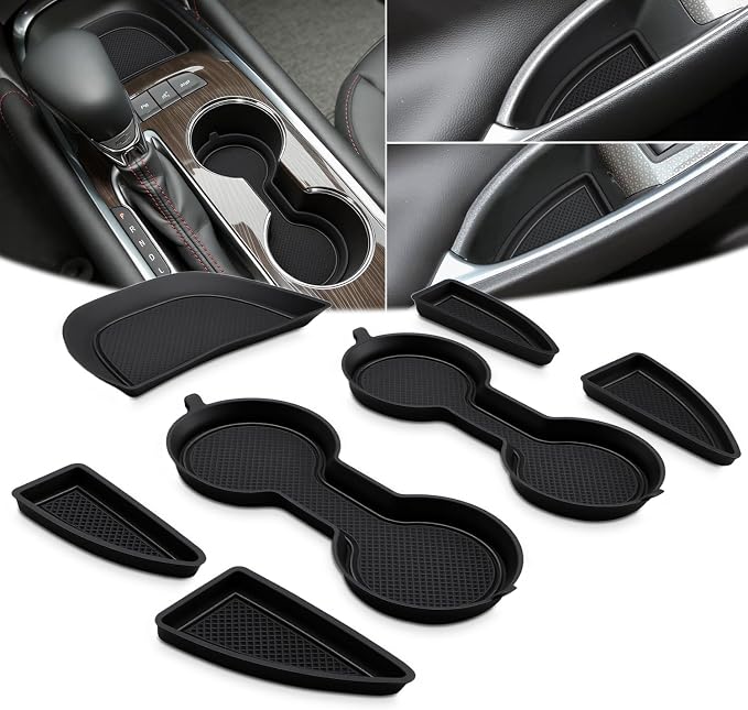 Auovo Cup Holder Inserts Coaster Center Console Liners Compatible with Chevy Malibu Accessories 2017-2025 Silicone Cup Mat Pad Door Liners Car Interior Decoration(Black, 7PCS-with Door Liners)