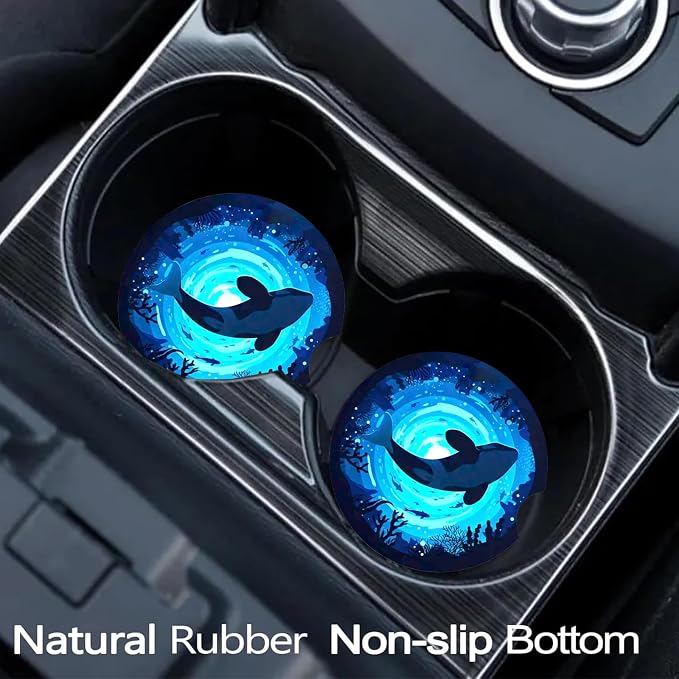 2 Pack Killer Whale Car Cup Holder Coasters Universal Neoprene Coasters | 2.75" Universal Size Anti Slip Rubber Mat, Auto Cup Holder Accessories for SUV Truck, Whale Gifts for Women Men Mom