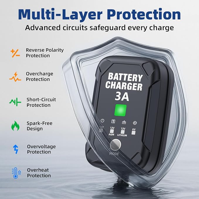 3A 6V/12V Car Battery Charger – Smart Trickle Charger, Battery Maintainer & Desulfator with Overcharge Protection & Temperature Compensation – for Lead Acid, AGM, Gel, Lithium Batteries