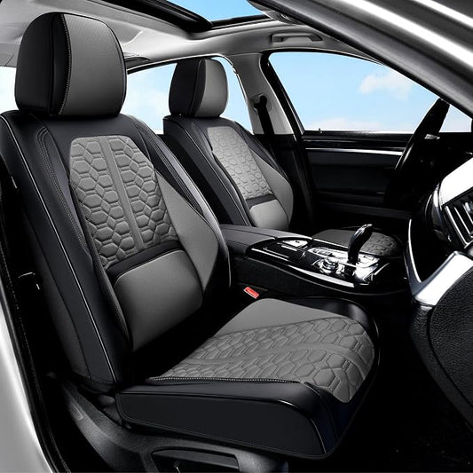 Huidasource Car Seat Covers Front Seat Universal Fit for Most Cars SUV Trucks, 360° Full Wrap Waterproof Leather Seat Cover with Lumbar Support, Cooling＆Heating, Black & Gray