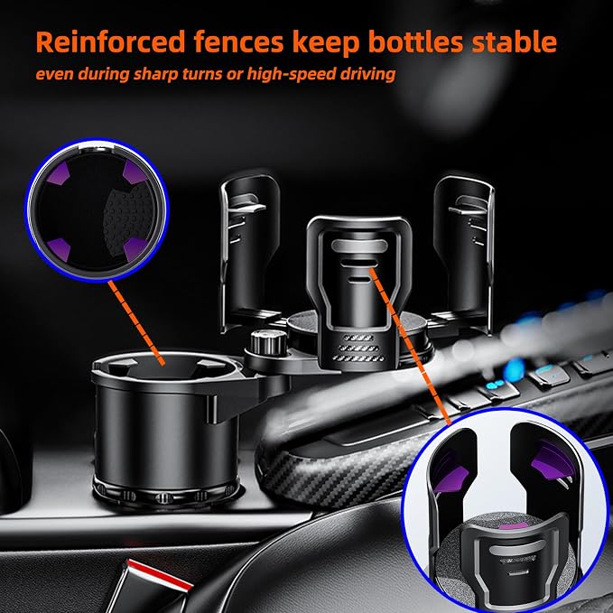 2-in-1 Adjustable Car Cup Holder Expander & Organizer – Dual Automotive Drink Holder for Bottles, Snacks, Phones – Fits Most Vehicles (3.0"-5.9" Diameter, 20 oz Capacity, Non-Slip Base) Black
