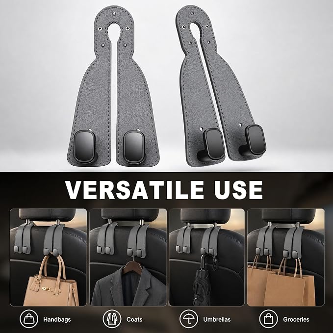 Headrest Hooks for Car 2 Pack, Upgraded Double Metal Hooks with Leather Cover, Car Seat Back Storage Organizer with Anti-Drop Design, for Purses, Handbags, Coats, Groceries (style2)